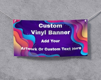 May include: A purple vinyl banner with colorful abstract shapes and the text "Custom Vinyl Banner Add Your Artwork Or Custom Text Here".