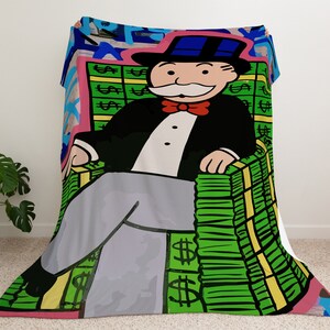 Money Man Blanket, Money Blanket, Soft Blanket , Monopoly Art , Monopoly man sitting on cash blanket