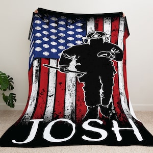 Personalized Firefighter Blanket, Fireman Blanket, Custom Name Number Patriot Pride, Gift For Fireman , USA Flag