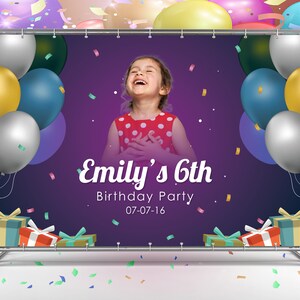 Fondo de cumpleaños con foto personalizada, pancarta de cumpleaños con globos morados, fondo de fiesta, fiesta de cumpleaños, fondo de fiesta, fondo de quinceañera