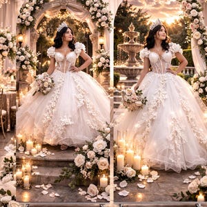 Puede incluir: Dos mujeres con vestidos de novia blancos con ramos de flores y tiaras se encuentran frente a un arco floral. Los vestidos tienen detalles de encaje intrincados. La escena est&aacute; iluminada por velas y candelabros.