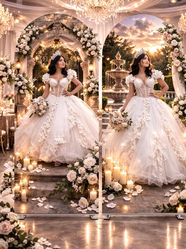 Puede incluir: Dos mujeres con vestidos de novia blancos con ramos de flores y tiaras se encuentran frente a un arco floral. Los vestidos tienen detalles de encaje intrincados. La escena est&aacute; iluminada por velas y candelabros.