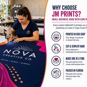 May include: A dark blue custom tablecloth featuring the white Nova Creative Co. logo with orange and pink graphic accents. The text reads Why Choose JM Prints? Small Business. Made with Care in Florida, detailing printing, cutting, sewing, and packing.