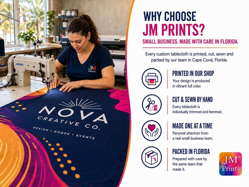 May include: A dark blue custom tablecloth featuring the white Nova Creative Co. logo with orange and pink graphic accents. The text reads Why Choose JM Prints? Small Business. Made with Care in Florida, detailing printing, cutting, sewing, and packing.