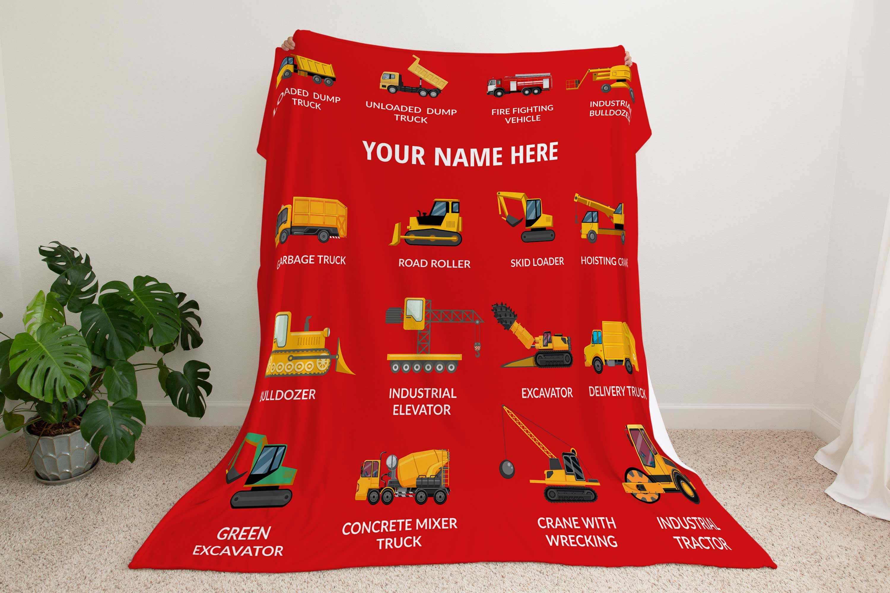 Fleece Construction Ahead Work Zone Construction Site Dump Trucks Cranes  Hooks Vehicles Yellow Fleece Fabric Print by the Yard o38069-1b