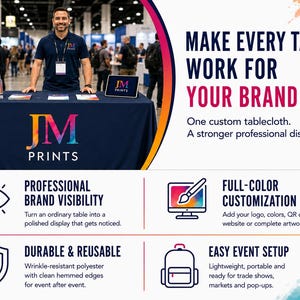 May include: A navy blue custom tablecloth featuring the JM PRINTS logo in a multi-colored gradient. The display includes marketing text: MAKE EVERY TABLE WORK FOR YOUR BRAND, professional brand visibility, full-color customization, durable and reusable, and easy event setup.
