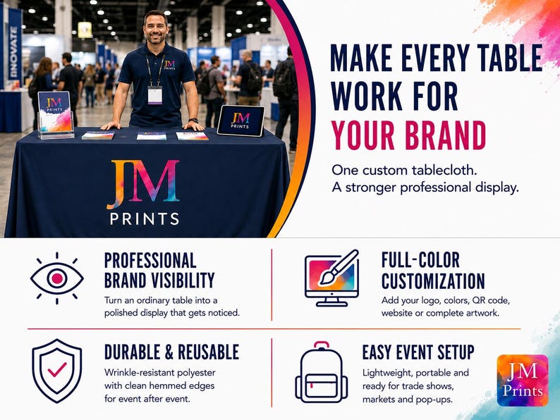 May include: A navy blue custom tablecloth featuring the JM PRINTS logo in a multi-colored gradient. The display includes marketing text: MAKE EVERY TABLE WORK FOR YOUR BRAND, professional brand visibility, full-color customization, durable and reusable, and easy event setup.