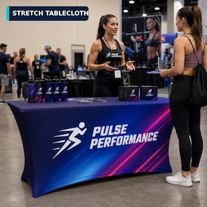 May include: A rectangular stretch tablecloth featuring a dark blue background with diagonal red and blue light streaks. The text "PULSE PERFORMANCE" is printed in white alongside a white graphic of a running figure on the front panel.