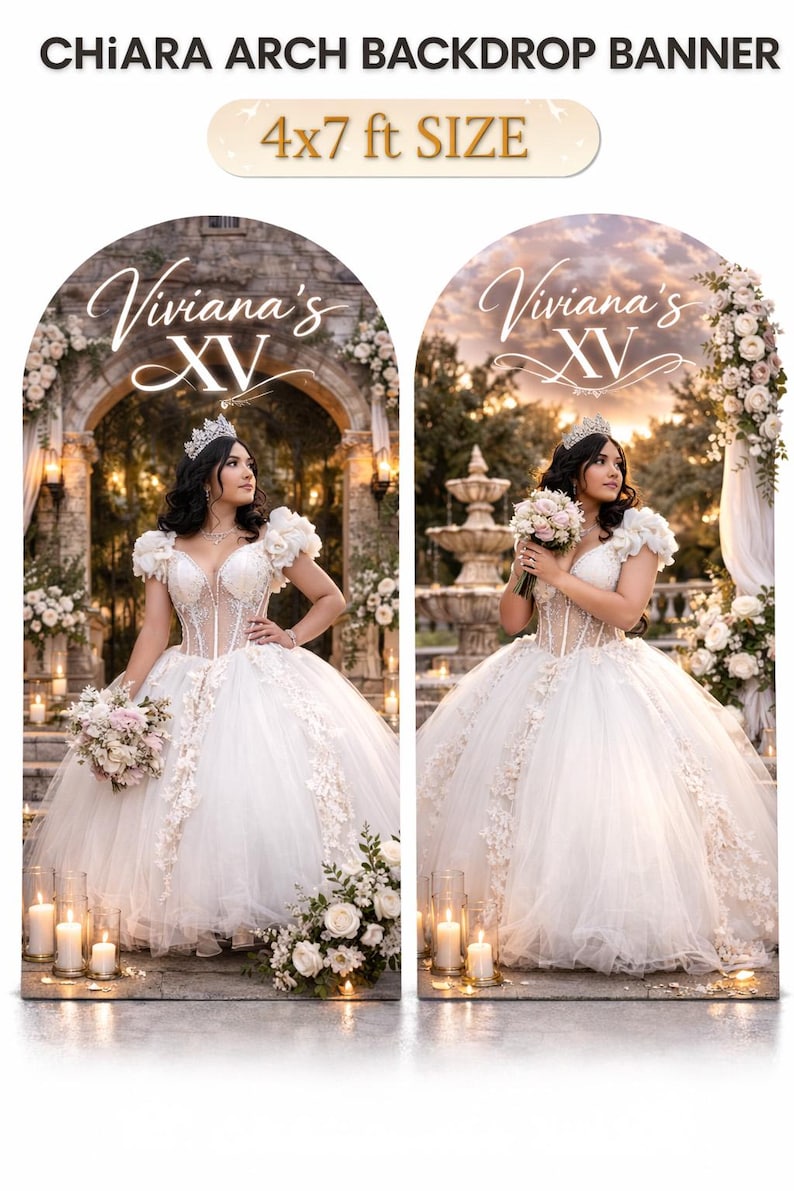 Puede incluir: Banner de fondo de arco Chiara con el texto "4x7 ft SIZE". El banner presenta dos im&aacute;genes de una mujer con un vestido blanco con detalles florales, sosteniendo un ramo. El banner dice "Viviana's XV".