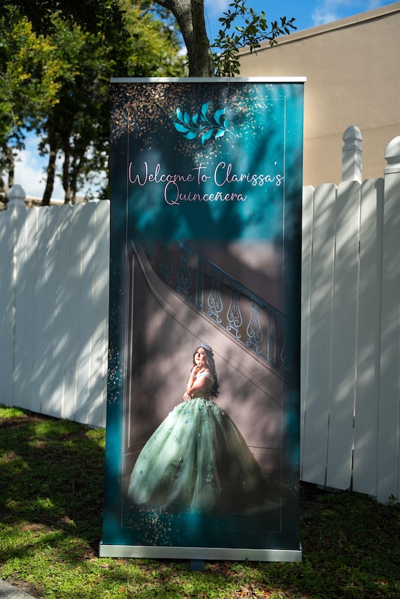 Custom Birthday Retractable Banner Stand INCLUDED with full color print | Adjustable banners| Girl party, Sweet 16, Quinceanera