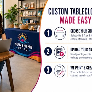 May include: A navy blue custom tablecloth featuring the Sunshine Pet Co. logo with a sun and paw print graphic. The image includes text explaining a three-step process: 1. Choose your size and style, 2. Upload your artwork, 3. We print and create it.