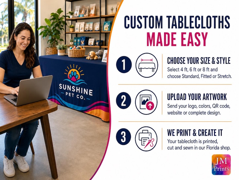 May include: A navy blue custom tablecloth featuring the Sunshine Pet Co. logo with a sun and paw print graphic. The image includes text explaining a three-step process: 1. Choose your size and style, 2. Upload your artwork, 3. We print and create it.