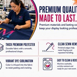May include: A navy blue fabric display featuring the JM PRINTS logo in a rainbow gradient. Text reads: PREMIUM QUALITY. MADE TO LAST. Features include thick polyester, clean sewn hems, vibrant dye-sublimation, and machine washable fabric.
