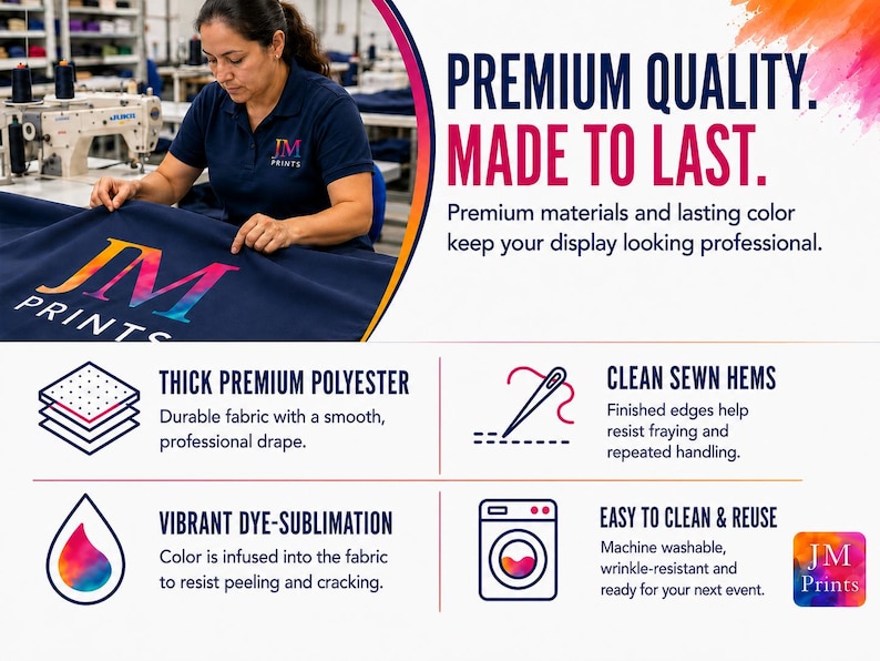 May include: A navy blue fabric display featuring the JM PRINTS logo in a rainbow gradient. Text reads: PREMIUM QUALITY. MADE TO LAST. Features include thick polyester, clean sewn hems, vibrant dye-sublimation, and machine washable fabric.