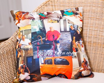 May include: A white pillow with a collage of photos printed on it. The photos show a group of people, a car, and a man using a walker. The text "Loving Memories" and "Louis' Journey" is printed on the pillow.