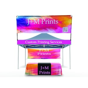 Starter Pack Combo of 4, 10x10ftTent Signs, 2xVinyl Banner Table Runner Bill Board Banner, Custom Tent banner, Your logo, slogan, and more