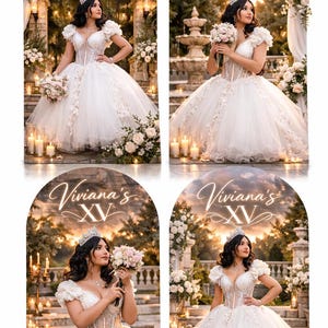 Puede incluir: Cuatro im&aacute;genes de una mujer con un vestido blanco de quincea&ntilde;era con tiara, sosteniendo un ramo. Las im&aacute;genes est&aacute;n enmarcadas por un arco con el texto "Viviana's XV". El fondo incluye flores, velas y un entorno al aire libre.