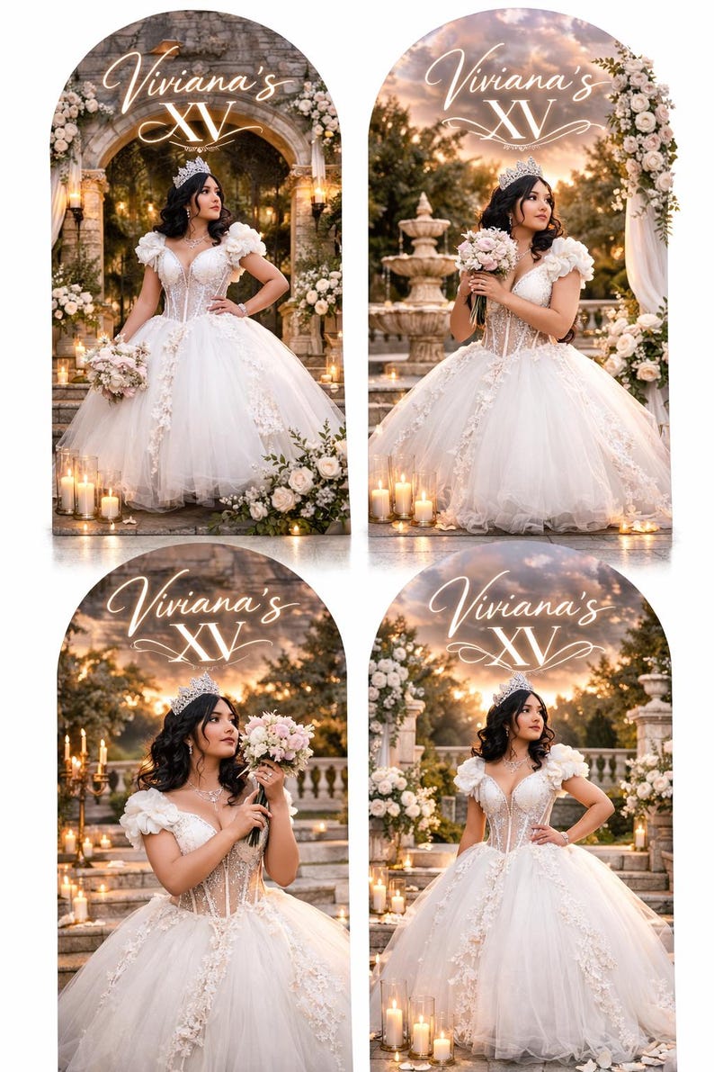 Puede incluir: Cuatro im&aacute;genes de una mujer con un vestido blanco de quincea&ntilde;era con tiara, sosteniendo un ramo. Las im&aacute;genes est&aacute;n enmarcadas por un arco con el texto "Viviana's XV". El fondo incluye flores, velas y un entorno al aire libre.