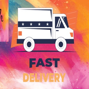 Puede incluir: Un cami&oacute;n de reparto blanco con una franja azul y estrellas en la parte superior, sobre un fondo vibrante y colorido. Las palabras "FAST DELIVERY" se muestran en naranja. El logotipo "JM Custom Design Prints" est&aacute; en la esquina superior izquierda.