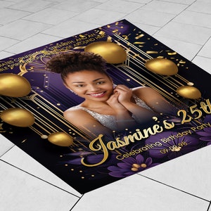 Aangepaste foto verjaardag vloer sticker paars goud ballon, banner verjaardag, partij vloer vinyl sticker, verwijderbare sticker, sticker verwijderbaar