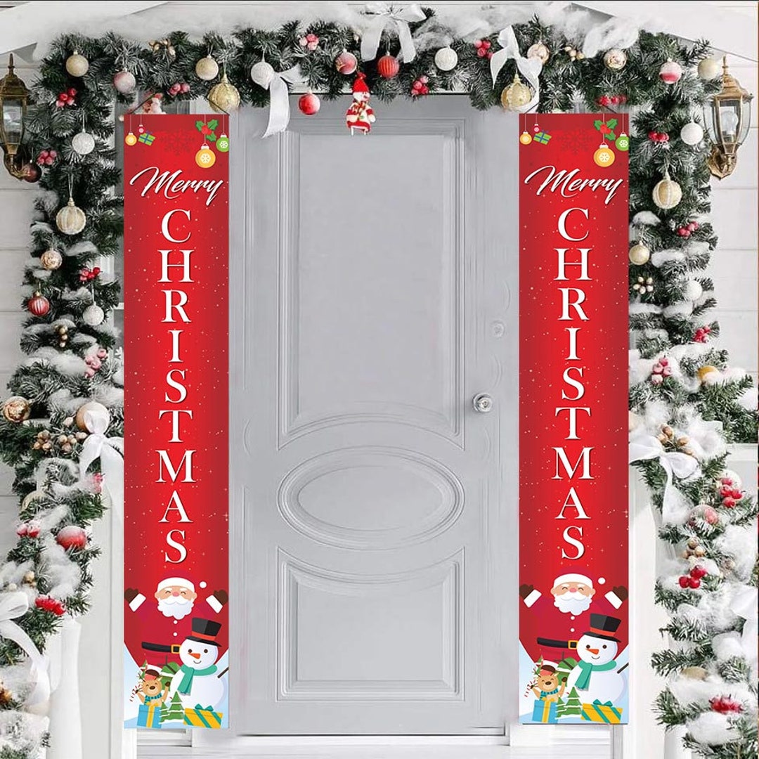 Bannière Suspendue Joyeux Noël – Décor Extérieur/Intérieur En Tissu Polyester, Avec Motifs Père Noël Et Bonhomme De Neige