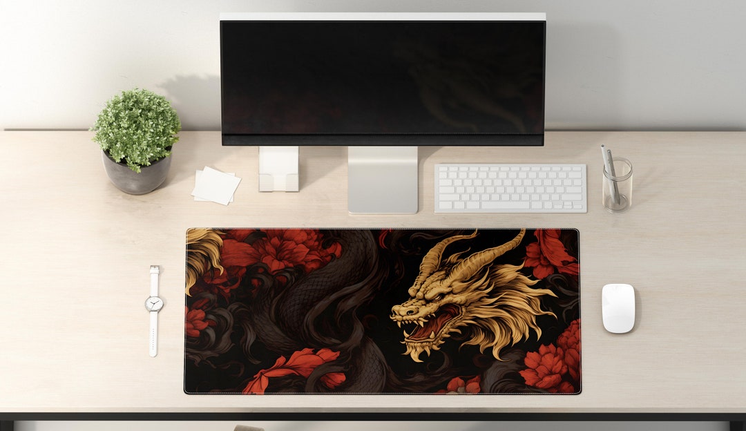 Gaming Mouse Pad gray Dragon Desk Mat Large Desk Pad Extend Gaming