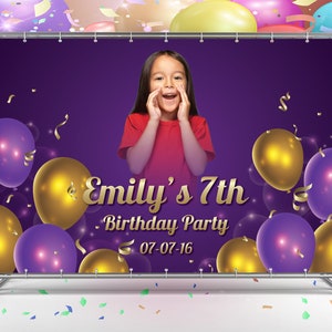 Custom Photo Birthday Backdrop: Purple Balloon Party Banner