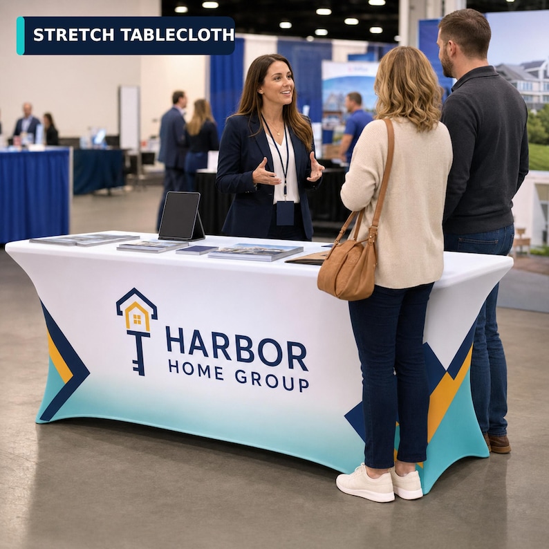 May include: A rectangular stretch tablecloth featuring a white top and a gradient teal to dark blue base. The front displays the Harbor Home Group logo, which includes a house-shaped key icon in blue and yellow, alongside the text Harbor Home Group.