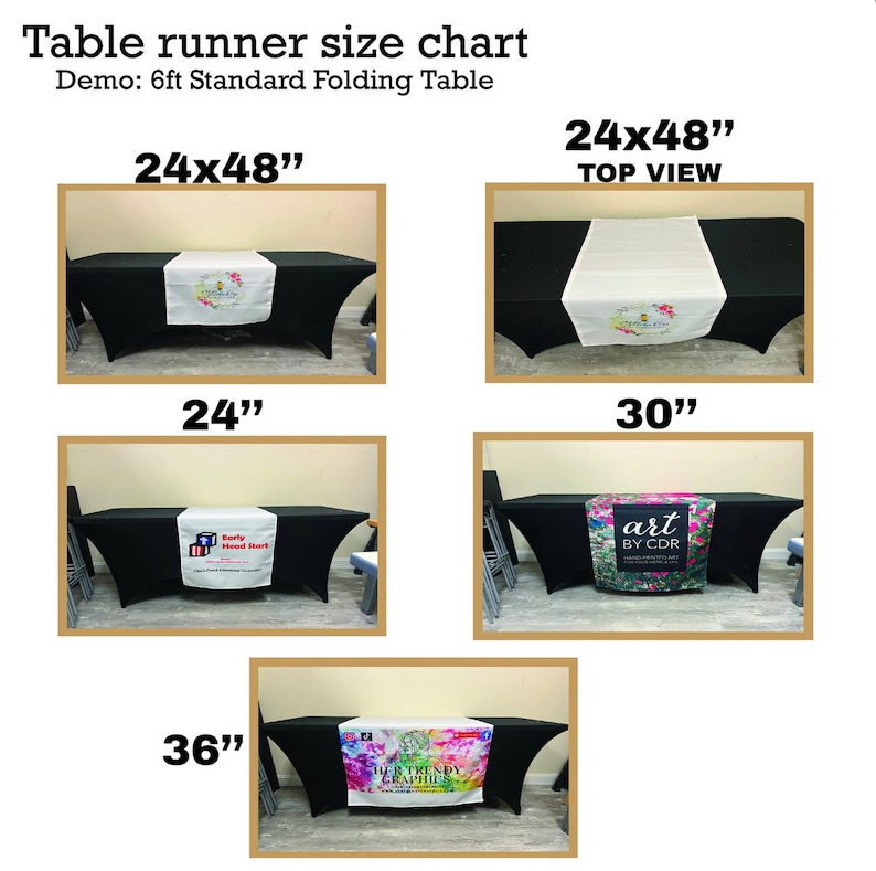 May include: Table runner size chart for a 6ft standard folding table. The chart shows four different sizes of table runners, 24 inches, 30 inches, and 36 inches. Each runner is shown on a black table cloth with a different design printed on the runner.