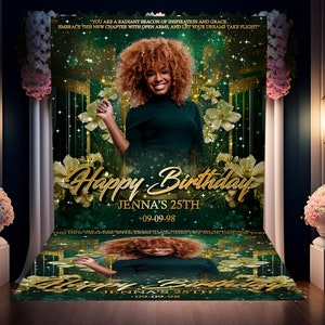 Custom Photo Birthday Backdrop AND Floor Decal- Green gold sparkle Birthday Party Floor decal-Banner Party Backdrop and Floor Decal Bundle