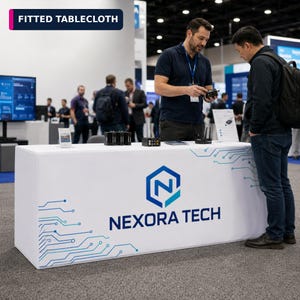 May include: A white fitted tablecloth featuring the blue Nexora Tech logo and a blue circuit board pattern on the front and side panels. The text FITTED TABLECLOTH appears in a dark blue box in the upper left corner of the image.