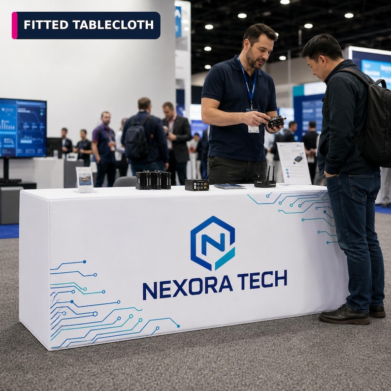 May include: A white fitted tablecloth featuring the blue Nexora Tech logo and a blue circuit board pattern on the front and side panels. The text FITTED TABLECLOTH appears in a dark blue box in the upper left corner of the image.