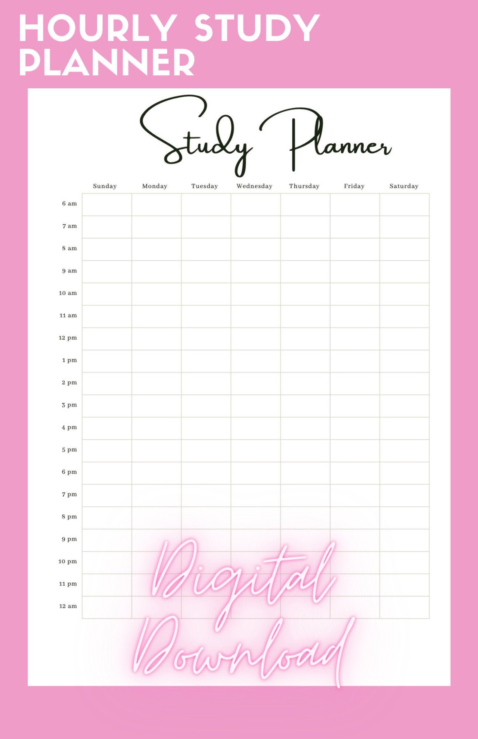 Hourly weekly Study Planner Print Etsy