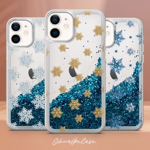 Clear Snowflake Forest Glitter Phone Case Winter Frosty Liquid Sparkle Cover fit for iPhone 15 Pro Max, 14 Plus, 13 Pro, 12 mini, 11, XR, SE