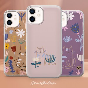 Custodia per telefono con motivo estetico a forma di gatto, con motivo a fiori, per iPhone 16e, 15, 14, 13, 12, XR, SE, Pixel 9 Pro, 8, 7A, Samsung S25 edge, S24 FE, A71, A36
