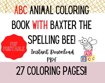 ABCs With Animals Coloring Book Pages, Printable ABCs Animals Coloring Pages, Digital Coloring Pages For Kids, PDF Coloring Book