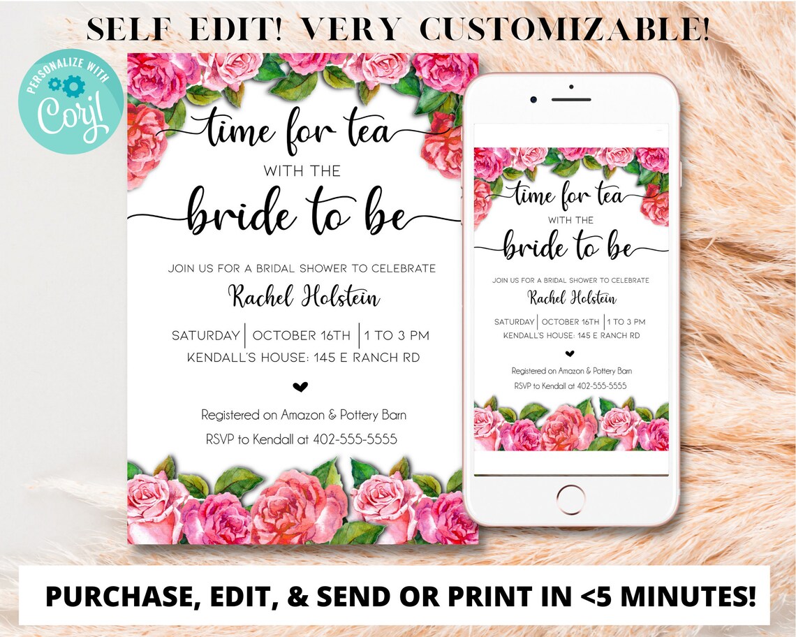 Bridal Shower Tea Party Invitation Template, Printable Bridal Tea Shower Invite, Bridal Brunch ...