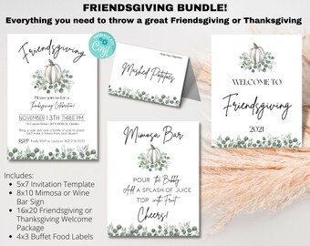 Bearbeitbares FRIENDSGIVING Thanksgiving Dinner Bundle, Friendsgiving Dinner Invite, Thanksgiving Buffet Etiketten, Thankful AF, Friendsgiving Party