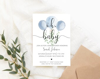 May include: A blue and white baby shower invitation with the text "oh, baby" in a script font. The invitation features watercolor blue balloons and green leaves. The text also includes the date, time, and location of the shower, as well as the name of the guest of honor, Sarah Johnson.