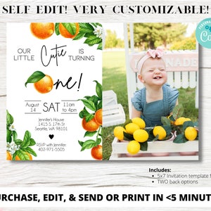 Cutie 1st Birthday Invite,Orange First Birthday Invite with Picture, Little Cutie Phone Invitation, Citrus Birthday Invite, Corjl Template