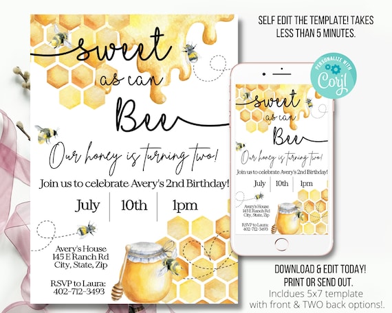 Bee Birthday Invite, Bee Birthday Decorations, Honey Bee Party, Bee Invitation, Bee First Birthday, Bee 1ST Birthday, 1st Birthday Invite