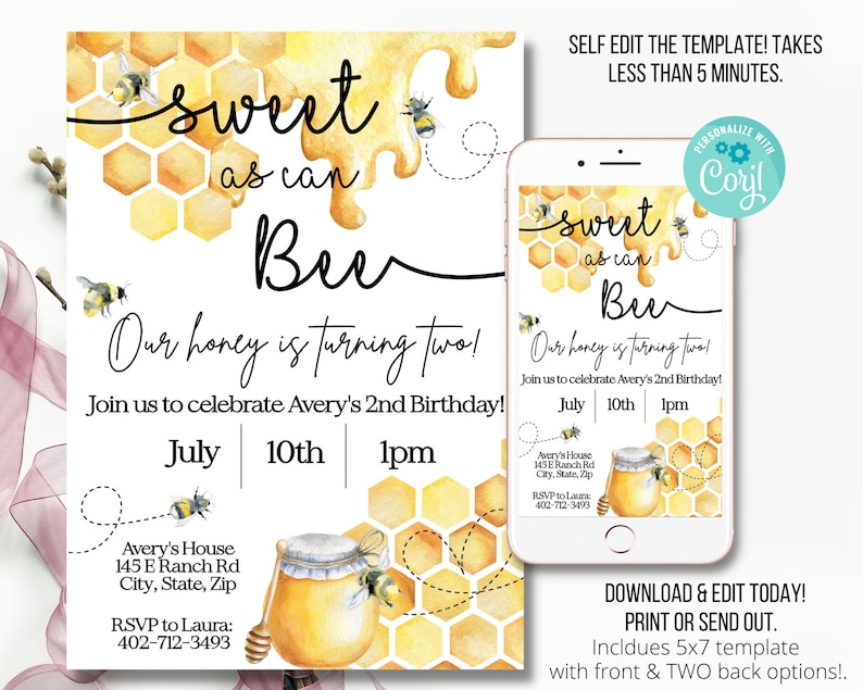 Bee Birthday Invite, Bee Birthday Decorations, Honey Bee Party, Bee Invitation, Bee First Birthday, Bee 1ST Birthday, 1st Birthday Invite image 1
