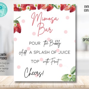 Cartello stampabile Mimosa Bar, Cartello Mimosa alla fragola, Cartello Mimosa Baby Shower stampabile, Cartello Momosa Download istantaneo, bacca dolce