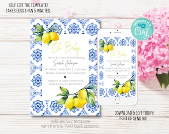 Lemon Baby Shower Invitation, Mediterranean Baby Shower Digital Invite, Lemonade baby shower digital invite, Summer Baby Shower Invite