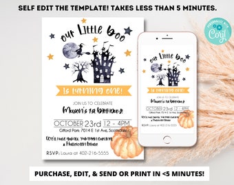 May include: Editable Halloween birthday invitation template featuring a black and white illustration of a haunted house, a witch flying on a broomstick, and a pumpkin. The text on the invitation reads "Our Little Boo is turning one!" and includes details for a birthday party. The invitation is designed to be personalized with the child's name and party details.