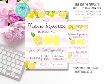Lemon First Birthday Invitation, Lemon 1st Birthday, Lemonade Birthday Party, MAIN SQUEEZE 1st Birthday, Phone Invitation, Electronic Invite