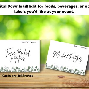 Tarjeta de tienda de etiqueta de comida de Acción de Gracias editable, tarjeta de lugar, plantilla editable imprimible Corjl, etiqueta de buffet de follaje de vegetación de calabaza blanca de otoño