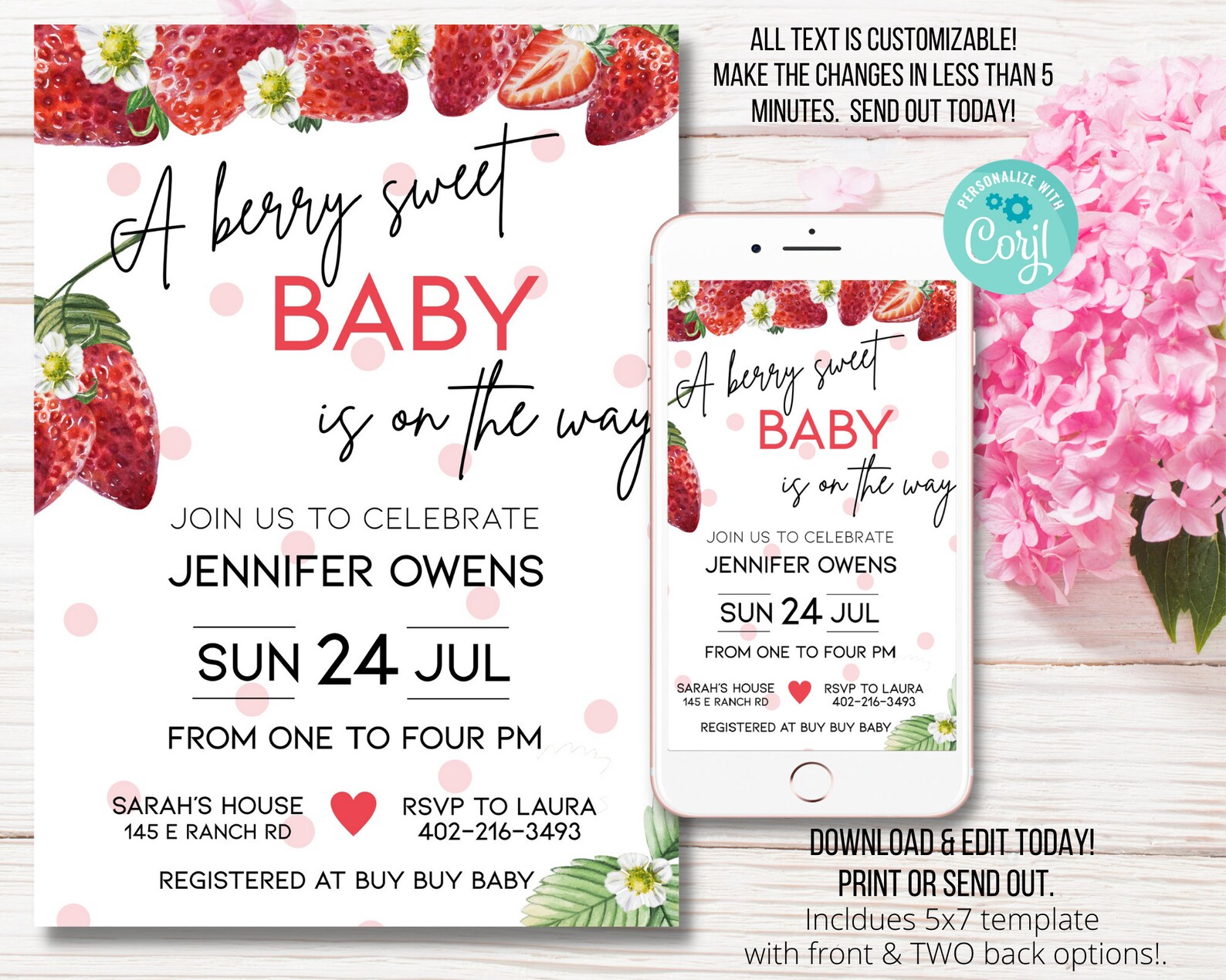Strawberry Baby Shower Invitation Berry Sweet Baby Shower Etsy