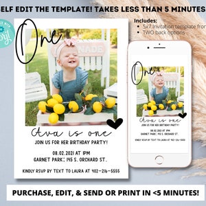 Modern 1st Birthday Invitation Template, Simple First Birthday Invite with Photo, 1st Birthday Invitation, Printable Minimalist 1st Birthday