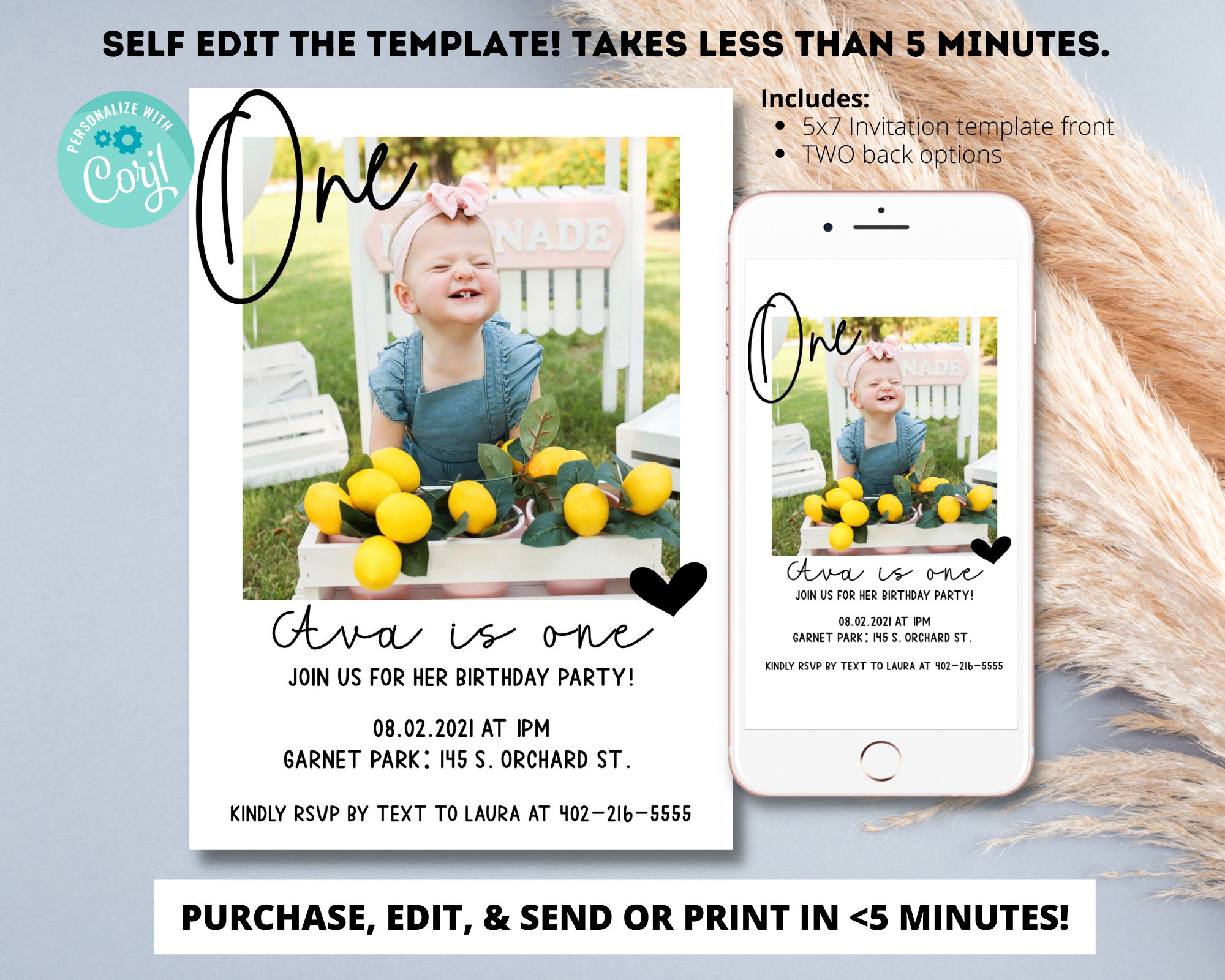 Modern 1st Birthday Invitation Template Simple First Birthday Invite with Photo 1st Birthday Invitation Printable Minimalist